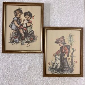Vintage Framed Art Prints Set Kids Playing Boy With Kitten
